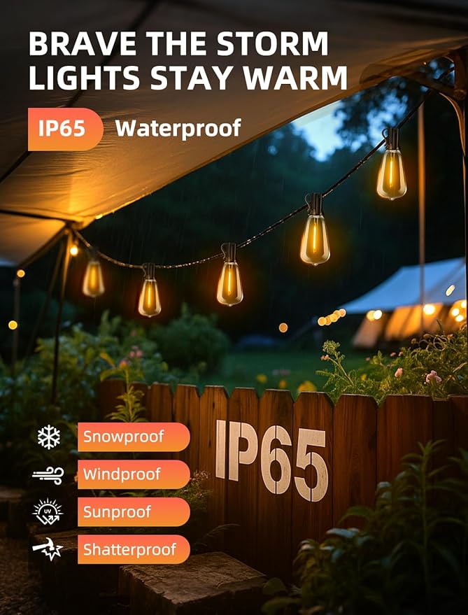 Outdoor Patio String Lights 200ft: ST38 LED Shatterproof Bulbs 3 Modes Button Control - Waterproof Connectable Lights - Wedding Bistro Party Gazebo Backyard Decorative Vozuji