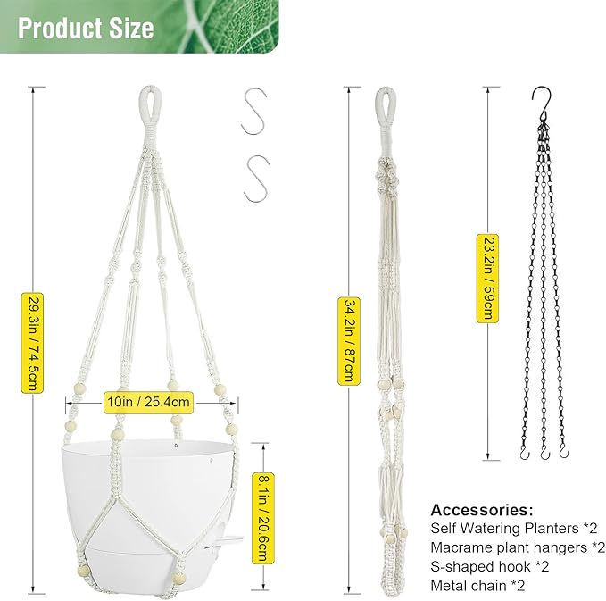 10 inch Self Watering Hanging Planters, 2 Pack Hanging Flower Pots for Indoor Outdoor Plants, Hanging Baskets with Drainage Holes & 2 Kinds of Plant Hangers for Garden Home Decor, White Meowell