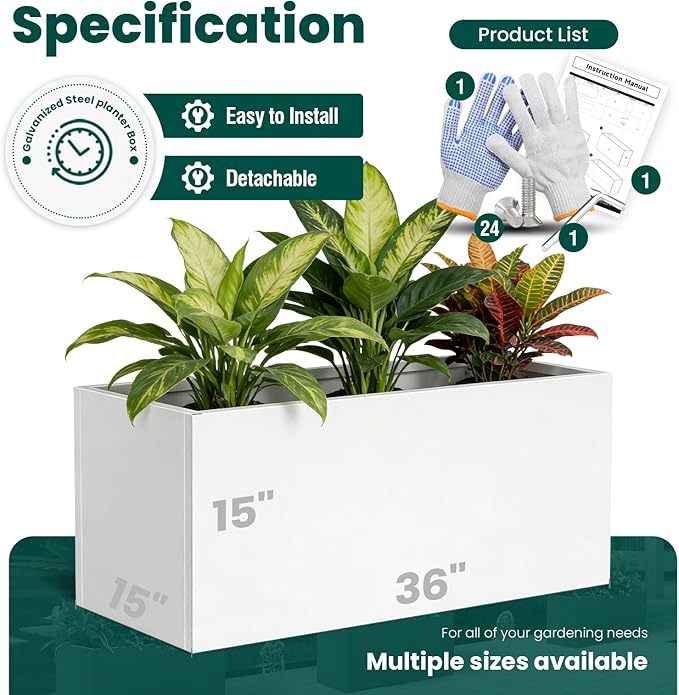 Metal Rectangular Planter Galvanized Steel Rectangle Planter White Planters Box 36" L x 15" W x 15" H Outdoor Indoor Large Heavy for Commercial Residential Plants Patio GZGNEEVL