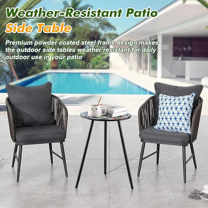 1 Pack Metal Outdoor Side Table Small Outside Round End Table for Patio Modern Accent Garden Corner Table for Small Spaces, Balcony, Porch, Weather-Resistant, Plant Stand Indoor, Mixed Mosaic PartyZealot