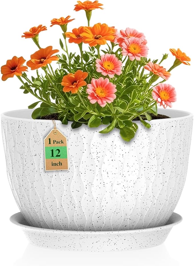 12 Inch Wide Water Ripples Flower Pots for Indoor or Outdoor Plants, Large Plant Pots with Drainage Holes & Saucer, Plastic Planters Set for Garden & Home Decor (White with Black Speckles) WSMKSZ