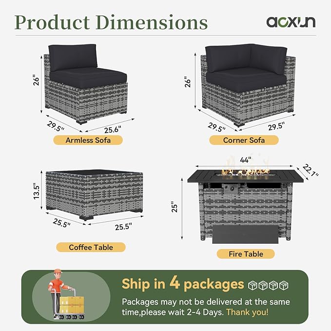 Aoxun 12 Piece Patio Furniture Set with 44” Fire Pit Table Wicker Rattan Outdoor Sectional Sofa Set with Coffee Table and Thickened Cushions, Grey/Black (Waterproof Cover Included) Aoxun
