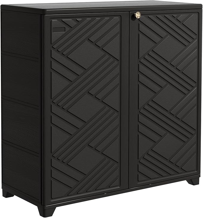 Outdoor/Indoor Storage Box,Resin and Plastic Storage Cabinet Waterproof,Outdoor Cabinet for Patio/Garden/Balcony/Backyard/All Room(with 3 Shelves)-Black Mrosaa