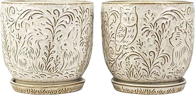 Decorative Ceramic Planter Pot with Saucer, Brown with Gold and Silver Owl Pattern, Indoor Garden Container with Drainage (White, 6 inch) Claybourne