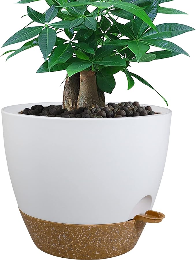 12 inch Large Self Watering Pots, Plastic Planters with 60oZ Removable Deep Reservoir and Multi Mesh Drainage Holes for Indoor Outdoor Garden Plants and Flowers, White with Brown UOUZ