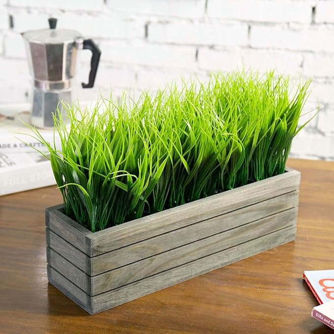 MyGift 14 Inch Artificial Green Grass Plant in Vintage Gray Wood Planter Window Box, Faux Greenery in Decorative Rectangular Crate Style Wooden Container MyGiftHome