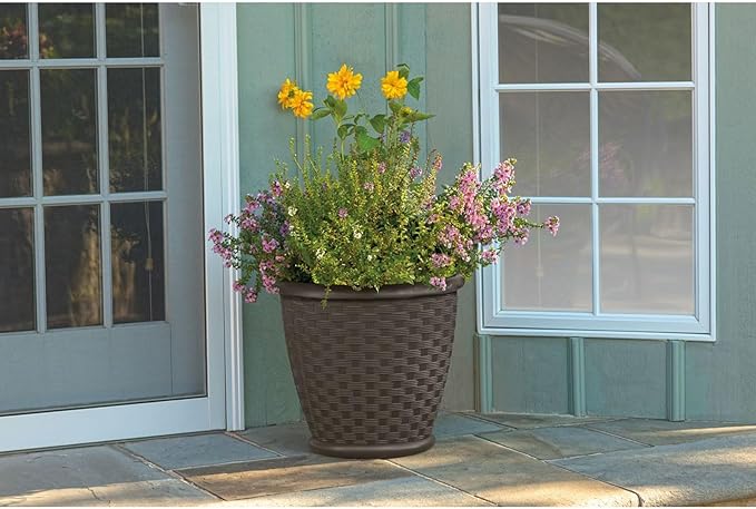 Suncast Sonora 18 Inch Lightweight Durable Plastic Wicker Decorative Flower Planter Pot for Yard, Garden, Indoor or Outdoor Use, Brown Suncast