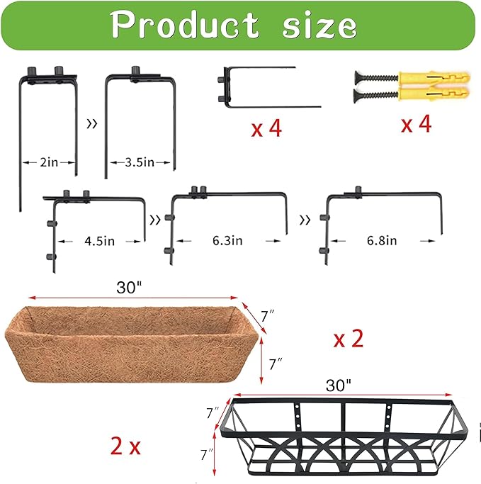 Window Deck Railing Planters Boxes with Coconut Liner, The Bottom Flat Window Boxes Planter Flower Boxes Metal Black Balcony Planters Railing Hanging for Outdoor Fence Porch Patio Lawn(2Pcs 30 Inch) EIMQUVW