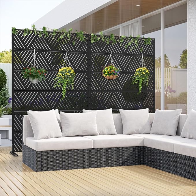 Casaphoria Metal Privacy Screen Outdoor, 72" H x 47" W Freestanding Decorative Privacy Screen for Patio Deck Balcony Garden with Stable Base, Triangular Black Casaphoria