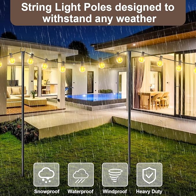 4 Pack String Light Poles for Outdoor,Metal Light Hanging Pole Outside with Fork,Light Stand for Patio, Pergola, Garden, Backyard, Yard, Camping Party (4 Pack) Rootora