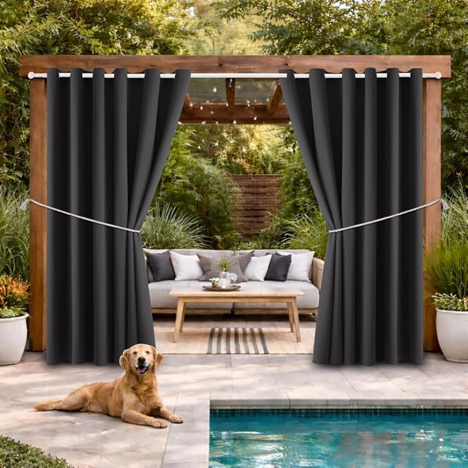 Waterproof Outdoor Curtain W84 x L120 - Grommet Top Sunlight Blocking Window Treatment Drapes Blackout Curtains for Home Bedroom Living Room Patio Pergola Cabana Gazebo (Dark Gray, 2 Panels) DivaenCamino