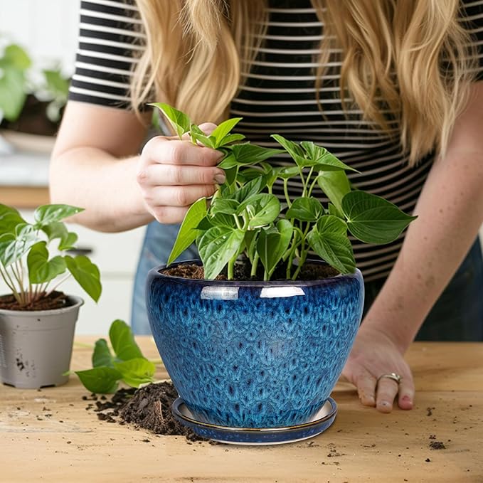 8 Inch Ceramic Plant Pot, Ceramic Planter Pot for Indoor Outdoor Plants, Round Flower Pot with Drainage Hole and Saucer, Blue Ceramicfor