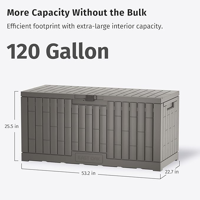 EAST OAK 120 Gallon Outdoor Storage Box | Large Resin Deck Box with Reinforced Stainless Steel Support | Waterproof & UV-Resistant Patio Storage Box for Cushions, Garden Tools & Pool Accessories, Grey EASTOAK