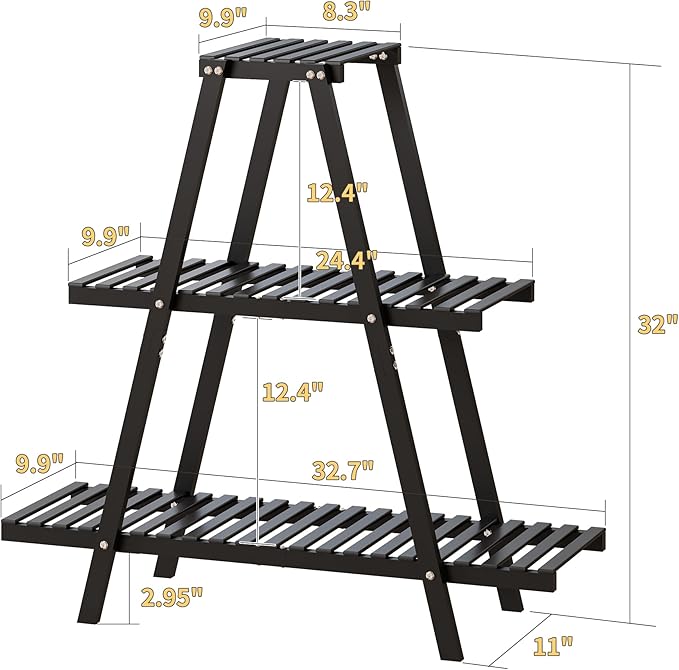 Bamboo Plant Stand Indoor/Outdoor, 3-Tier, Black, Rectangular, 8 Potted Flower Holder Ladder Plant Rack Furshus