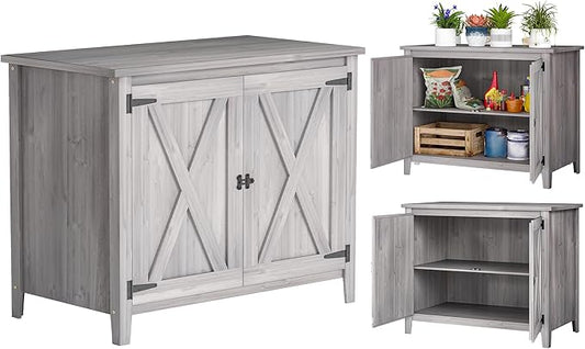 Outsunny Wood Garden Shed, Compact Outdoor Storage Cabinet Potting Shed with Inner Shelf and Double Doors for Backyard, Patio, Lawn, Light Gray Outsunny