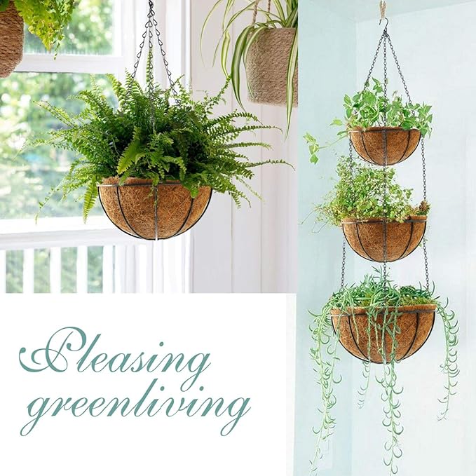 Hanging Plant Basket Flower Holder (2pack, 16 inch)-Metal Wire Round Hanging Basket Planter with Coco Fiber Liners for Plants Flower Pots Outdoor Garden Porch and Balcony Decor TOOCMEUK
