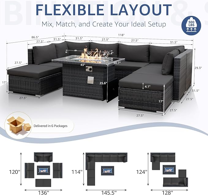 NICESOUL 8 Seater Outdoor Patio Furniture Sectional Sets with Firepits Table Natural Gas Propane, 29.3'' High Back Comfy Wicker Conversation, 9 Piece Deep Wide Modern Modular Sofa for Backyard, Grey NICESOUL