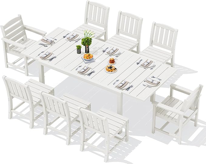 SERWALL 9-Piece Outdoor Dining Set, 60" - 83" Expandable Outdoor Dining Table and 8 HDPE Chairs, All Weather HDPE Outdoor Furniture Set for Backyard, Garden, White SERWALL