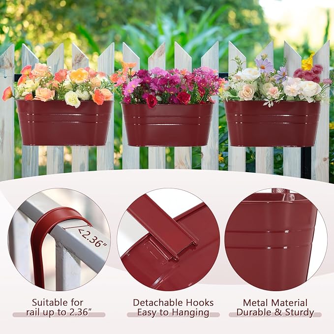 3 Pack Metal Railing Planters, 10.5" Oval Hanging Flower Pots with Detachable Hooks & Drainage Holes, Fits Rails up to 2.36", Galvanized Iron Fence Bucket for Balcony Garden Patio - Red MeltsetM