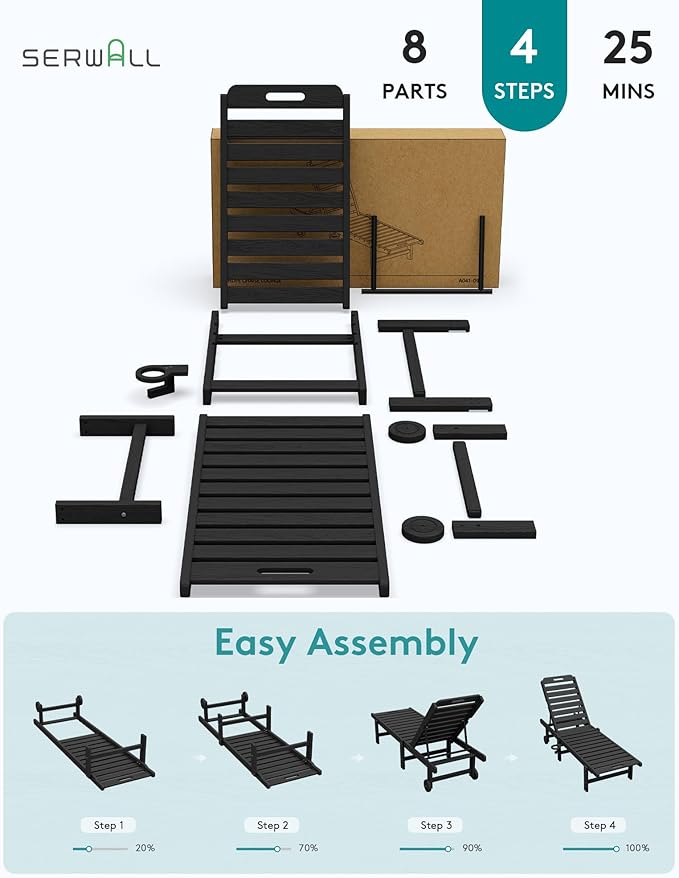 SERWALL Outdoor Chaise Lounge Set of 2 with 9FT Umbrella, HDPE Pool Lounge Chair with 5-Position Adjustable Backrest, Patio Lounger with Rolling Wheels & Cup Holder for Pool, Black SERWALL