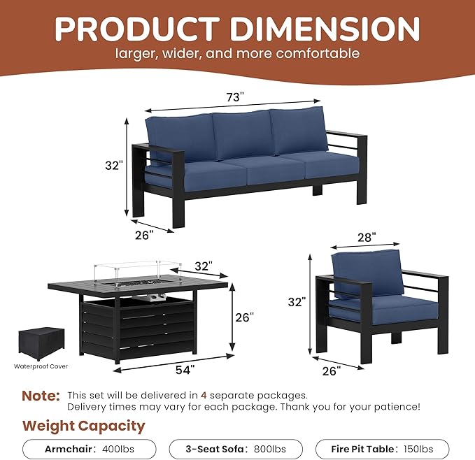 Solaste Aluminum Patio Furniture Set with Fire Pit Table, 4 Piece Metal Outdoor Furniture with Water-Resistant Cushions, Modern Patio Conversation Set for Balcony, Front Porch, and Backyard,Blue Solaste