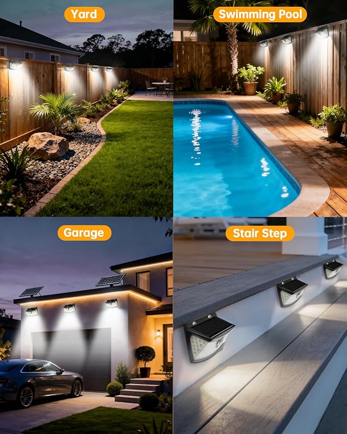 Aootek New Solar Motion Sensor Lights 120 LEDs with Lights Reflector,270° Wide Angle, IP65 Waterproof, Step Lights for Front Door, Yard, Garage, Deck (Black, Daylight White, 4-Pack) Lightupeveryconer