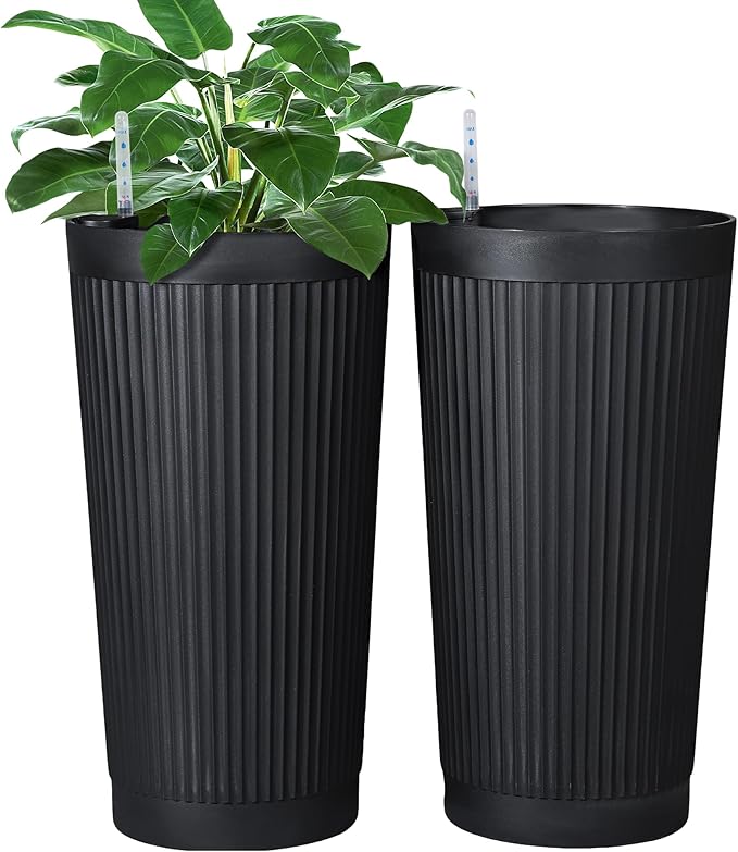 FENCY 2Pack 24IN Self Watering Planter for Indoor Plants, Plastic Large Planter for Outdoor Plants, Water Level Indicator& Spacious Reservoir Flower Planter Decorative(Black) FENCY