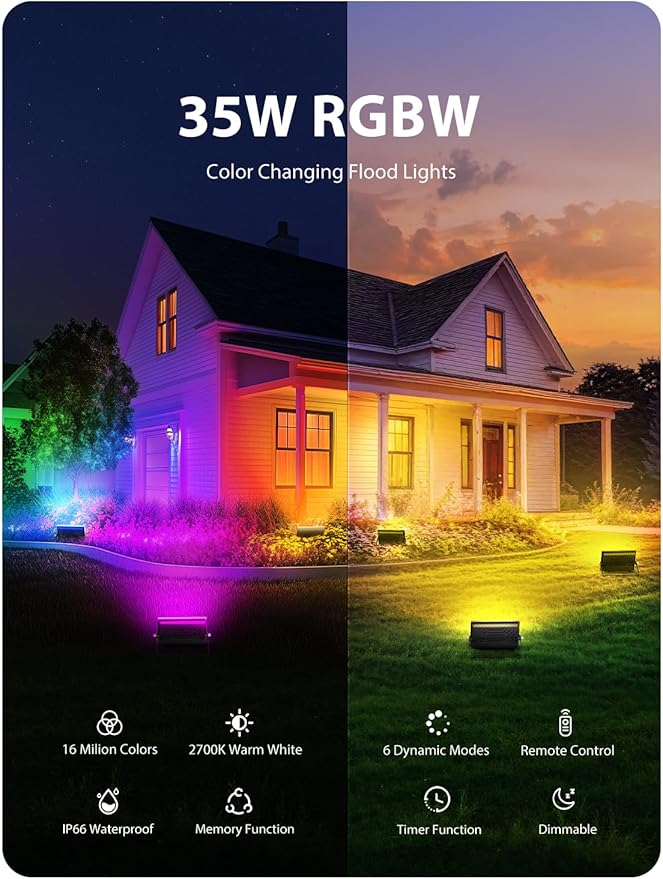 Onforu LED Flood Light Outdoor 35W Color Changing RGBW Floodlight with Remote, 2700K Warm White IP66 Stage Lighting Indoor Uplights for Events, Uplighting for Party 4 Pack Onforu