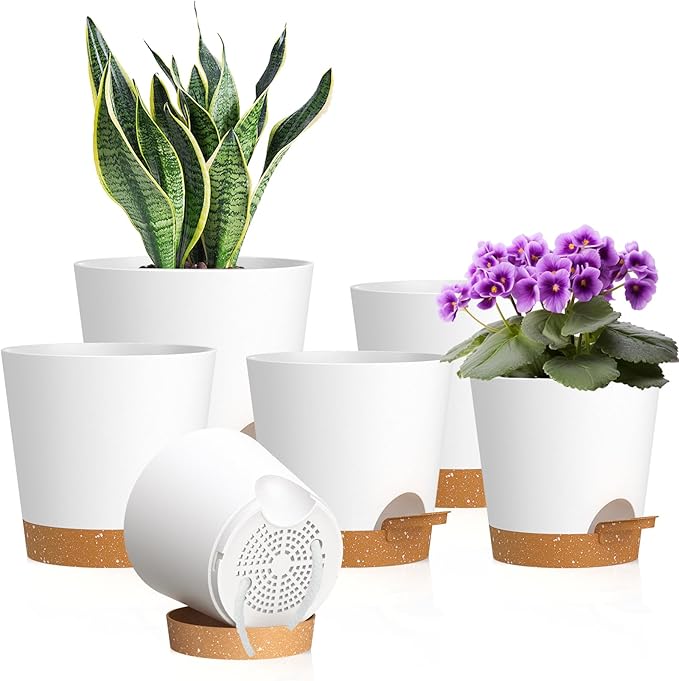 7/6.5/6/5.5/5/4 inch Self Watering Pots for Indoor Outdoor Plants, 6 Pack Plastic Flower Planters with Drainage Holes and Removable Saucers, Plant Pots with Wicking Rope, White Brown WSMKSZ