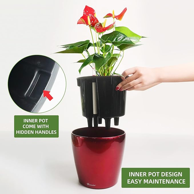 Dexceder 9x8 Inches High Gloss Self Watering Planter Indoor Outdoor, Inner Pot Design, Thickened Table Flower Plant Pot with Water Level Indicator (Red) Dexceder