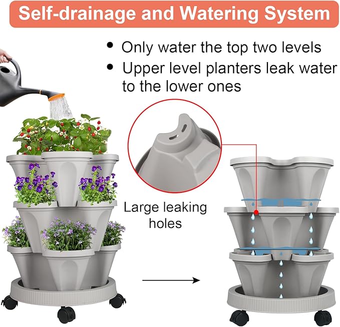 GameXcel Vertical Planter 3 Tier Stackable Planters Garden Planters Strawberry Herb Flower and Vegetable Planter Indoor Outdoor Gardening Pots with Removable Wheels and Tools GameXcel