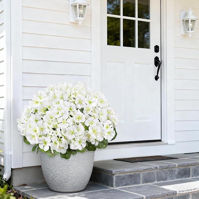 Artificial Geranium Flowers for Outdoors, 6 Bundles Realistic Silk Fake Geranium, No Fade Faux Plants for Hanging Baskets, Window Boxes, Pots - Porch, Patio, Balcony Decor(White) AmberFun