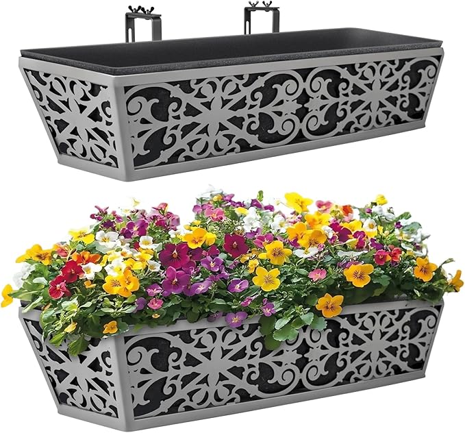 2 Pack 24 Inch Window Boxes Planter for Outdoor Plants Deck Railing Planters Box with Adjustable Brackets for Porch Fence Balcony Hanging Flower Baskets with Non-Woven Fabric Liner for Garden Decor KarlliuHOMEGARDEN