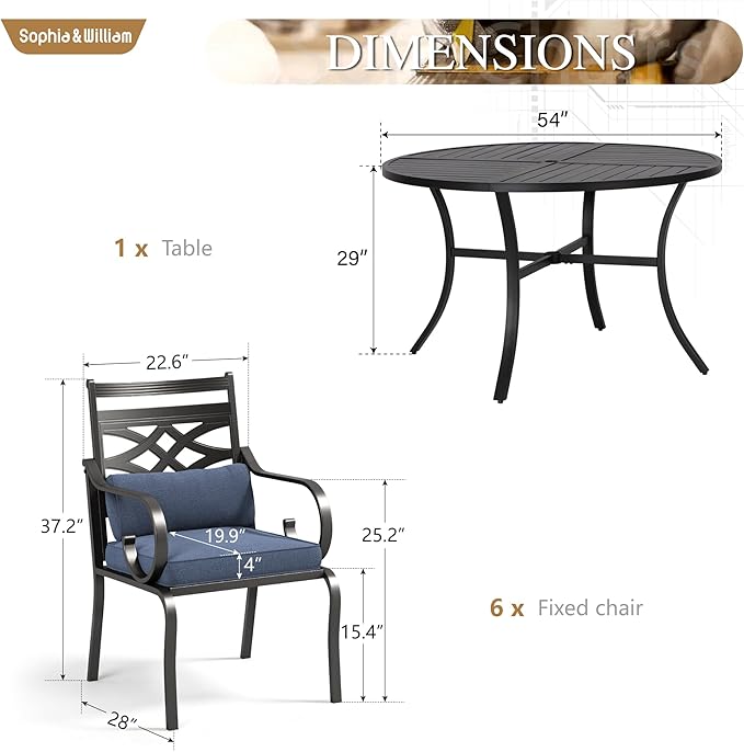 Sophia and William Patio Dining Set for 6, Outdoor Table and Chairs, Removable Seat Cushions, Black 54" Round Patio Dining Table,Blue SophiaWilliam