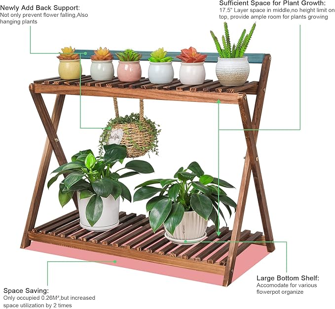 Indoor Plant Stand for Multiple Plants 2 Tier Wood Corner Plant Shelf Rack with Planter Hanger Outdoor Flower Pot Stand Holder for Yard Patio Garden Balcony Porch Living Room ( Rustic X-Cross) TOVACU