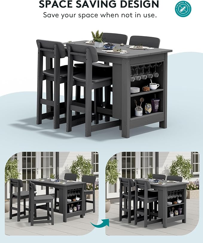 SERWALL 8-Piece Counter Height DiningTable Sets with Storage and Wine Rack, HDPE 2 Rectangular Bar Table with Bar Stools Set of 6 for Garden, Backyard, Kitchen, Gray SERWALL