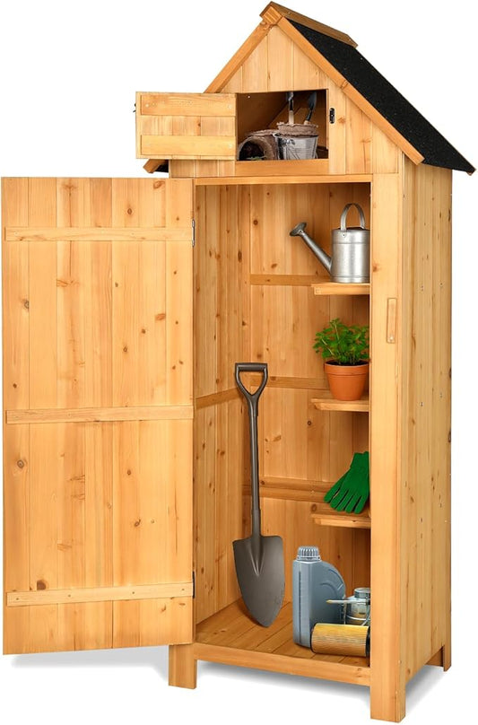 VINGLI Outdoor Wooden Storage Shed, Garden Shed Outside Tool Cabinet with Safety Latch, Patio Storage Organizer (Teak) VINGLI