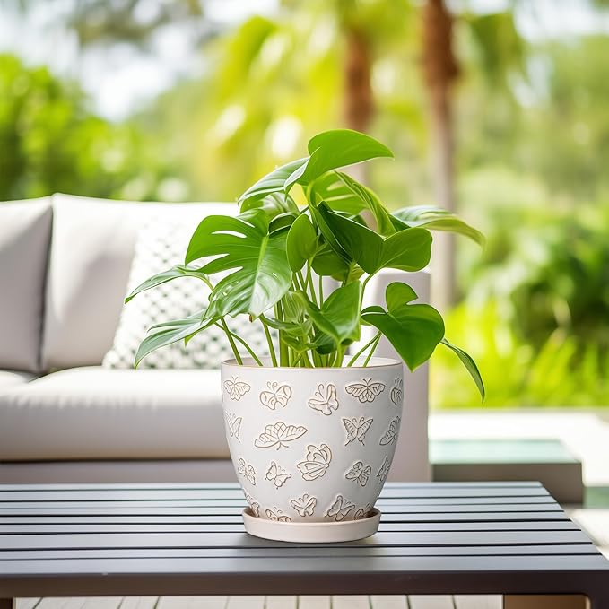 Ceramic Planter Pot - 6.8 Inch Plant Pot with Drainage Hole and Saucer, Succulent Round Flower Pot for Plants Indoor Outdoor, White EPFamily