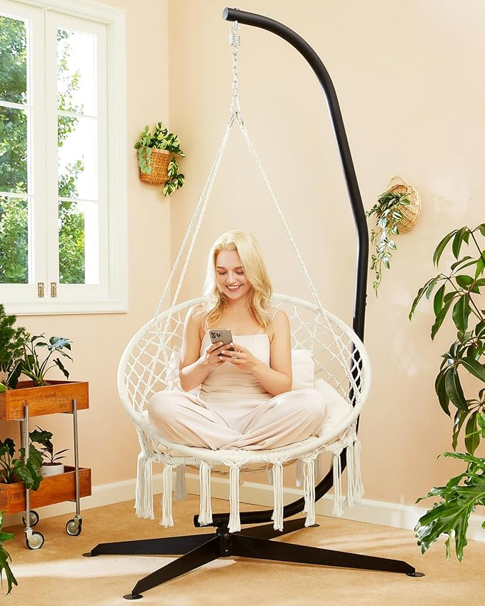 Greenstell Hammock Chair, Macrame Swing Chair with Comfy Cushion, Boho Hanging Chair for Outdoor & Indoor, Perfect for Bedroom, Patio, Balcony, Hold up to 350Lbs, White Greenstell