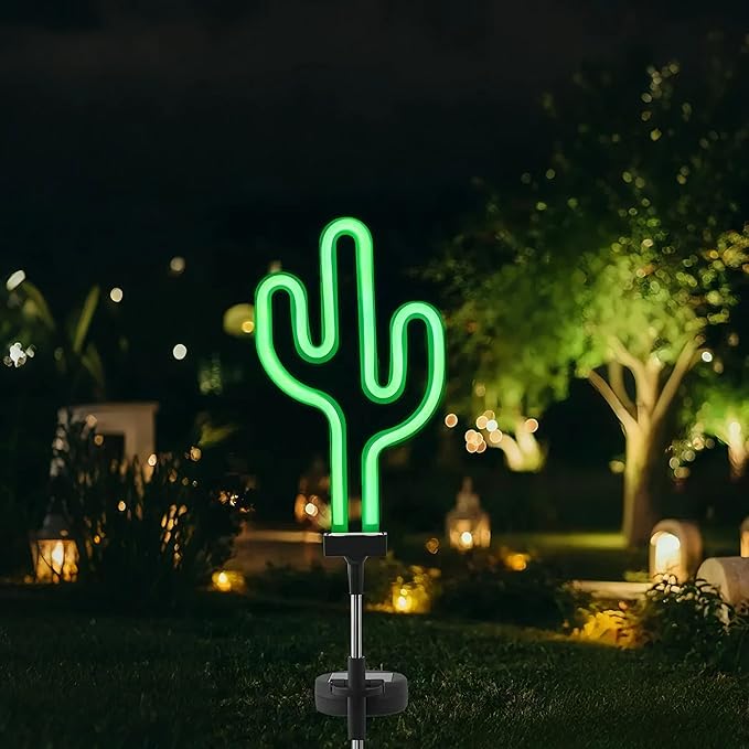 Solar Garden Stake Lights, Waterproof Landscape Light, Solar Landscape Path Lights, Neon Lights, Outdoor Decor for Garden, Yard, Lawn, Pathway, Patio, Backyard (Cactus) RechargeableLEDWorkLights