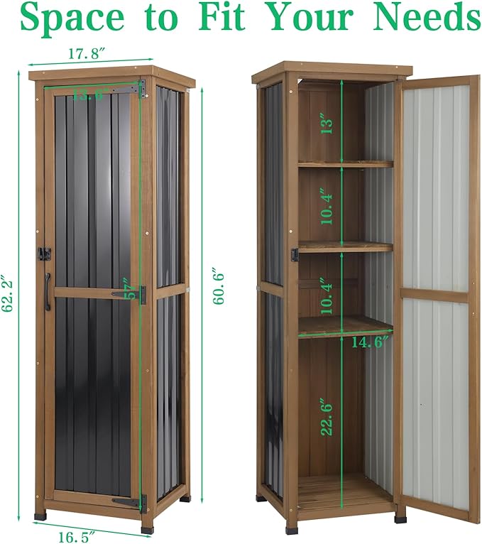 Outdoor Storage Cabinet Weatherproof, Tall Wood Garden Potting Bench Table with Removable Shelves, Metal Top, Outdoor Patio Cabinet Work Station for Tool Accessories,17.8''x17.8''x62'' MAGAZOOPET
