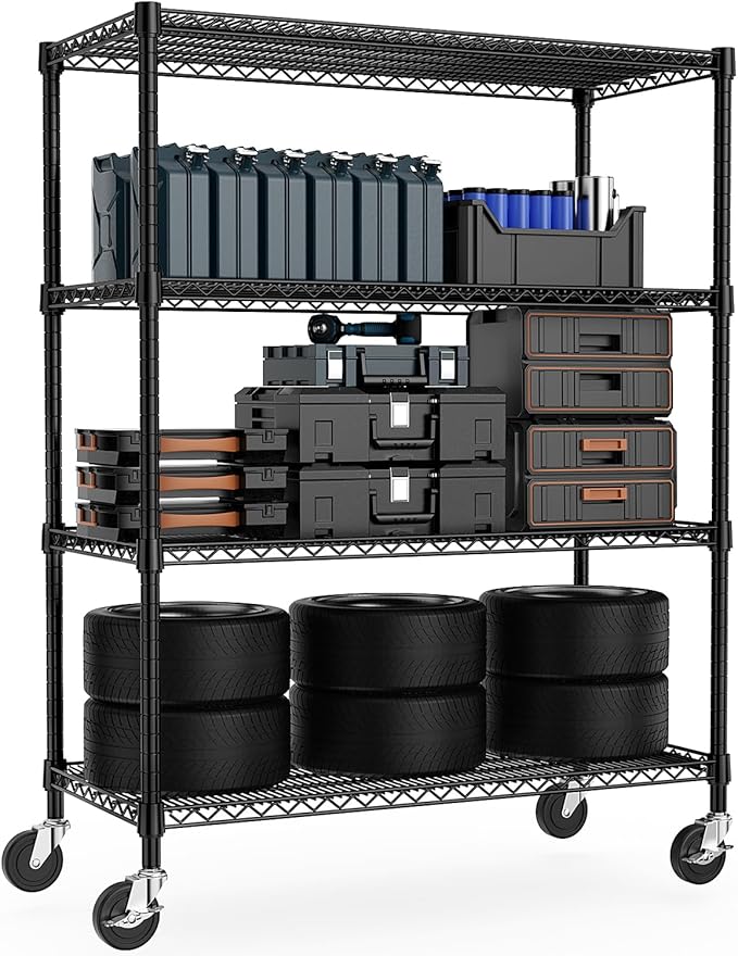 53" W Storage Shelves 1760LBS 4 Tier Metal Shelving Unit with Wheels Heavy Duty Garage Shelving Adjustable Wire Shelves for Pantry,Kitchen,Garage,Basement,Black 23.6" D x 53.2" W x 73.6" H MEIGAOPLASTICANDMETALHKCOLIMITED