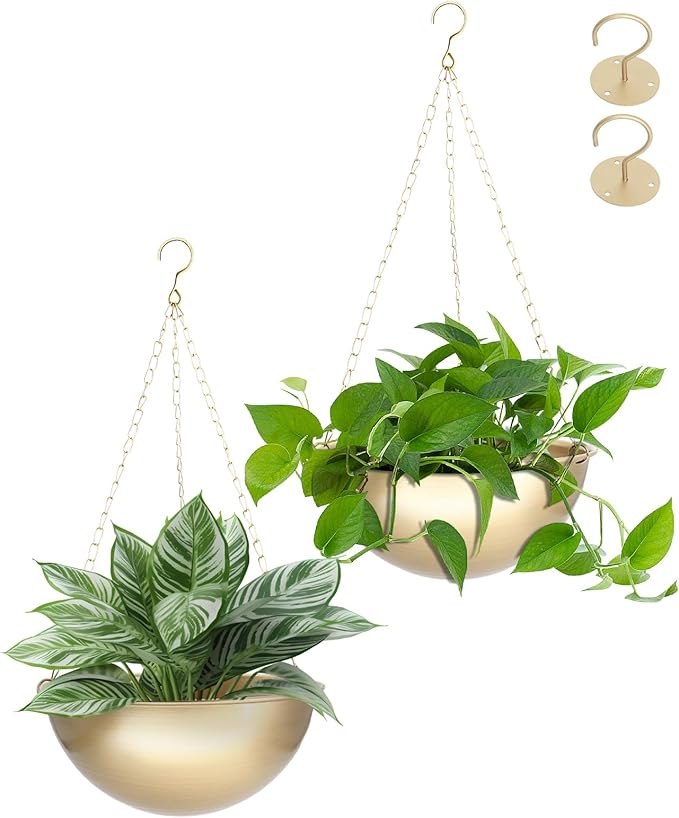 AceList 2 Pack Gold Hanging Planter for Indoor Plants - 9.8 Inch Boho Metal Plant Hanger Indoor with Hooks, Hanging Plant Holder for Window and Ceiling AceList