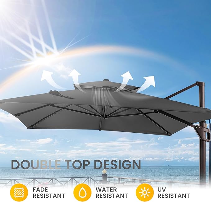 10 X 13 FT Cantilever Patio Umbrella with LED Lights Outdoor Heavy Duty Double Top Windproof Rectangle Offset Umbrellas with 360-degree Rotation for Pool Deck Backyard, Grey Ombrellon