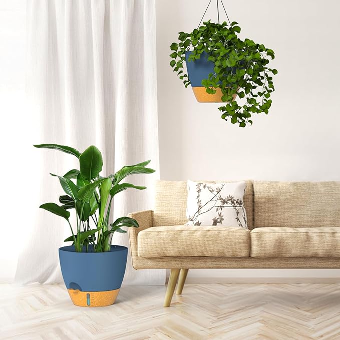 ZMTECH 12 Inch Hanging Planters for Indoor Plants & Outdoor, Self-Watering Hanging Pots with Drainage Holes, Visual Reservoir, Plastic Hanging Baskets for Outdoor Garden Home Decor, Blue HighQualityGardeningTools