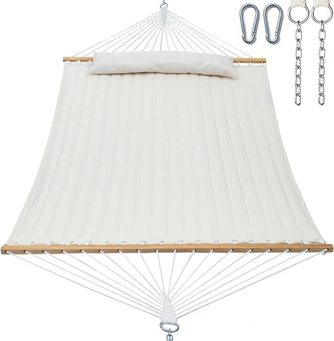 2 Person 12FT Hammocks for Outside, Double Quilted Fabric Outdoor Hammock with Spreader Bar, Large Removable Pillow, Storage Pockets, Carabiners, Max 475 lbs Capacity (Dune Beige) GafeteOutdoorLiving