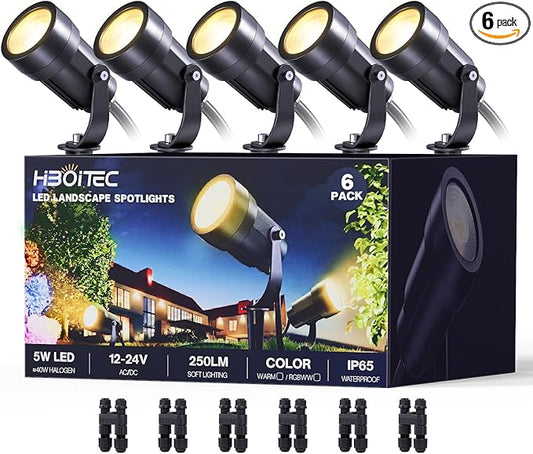 HIBOITEC 5W Low Voltage Landscape Lights, 2900K Warm White Landscape Lighting with Connectors,12-24V AC/DC, Waterproof Landscape Spotlights for Garden Tree Yard Wall, 6 Pack HIBOITEC