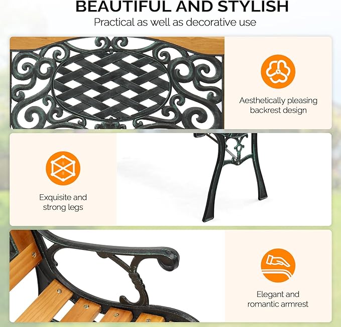 VINGLI Classic Cast Iron & Teak Arched Back Rectangular Outdoor Bench, 3-Seater, 470 lbs Capacity, Easy Assembly, Weather Resistant, 49.5" W x 20.5" D x 29" H VINGLI