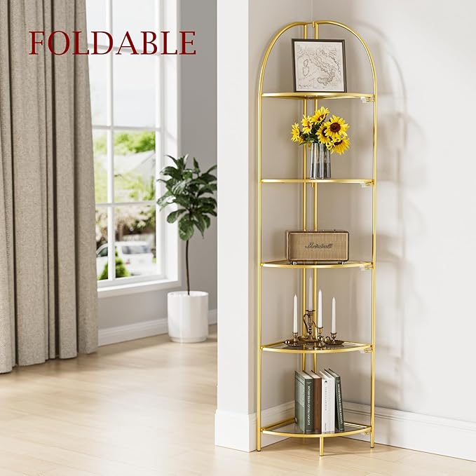Crofy Foldable 5 Tier Corner Shelf, Metal Corner Plant Stand with Gold Frame and Transparent Shelves, Corner Display Rack Multipurpose Shelving Unit for Living Room, Bedroom, Bathroom CrofyLLC