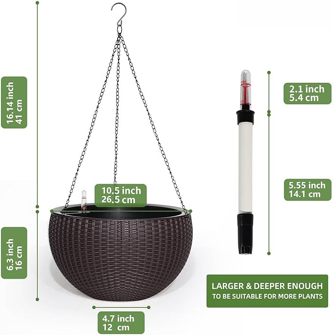 Dexceder 10.5 Inch Large Self Watering Hanging Planters Indoor Outdoor, Thickened Hanging Basket Flower Plant Pot with Water Level Indicator (Brown) Dexceder